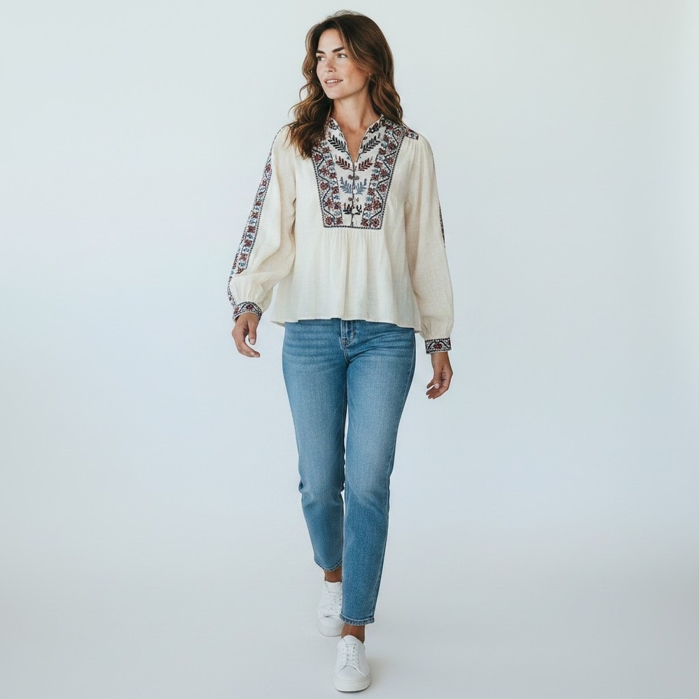 Sea‎ New York Ivory Cotton Gauze Embroidered Boho Peasant Blouse Top Cream